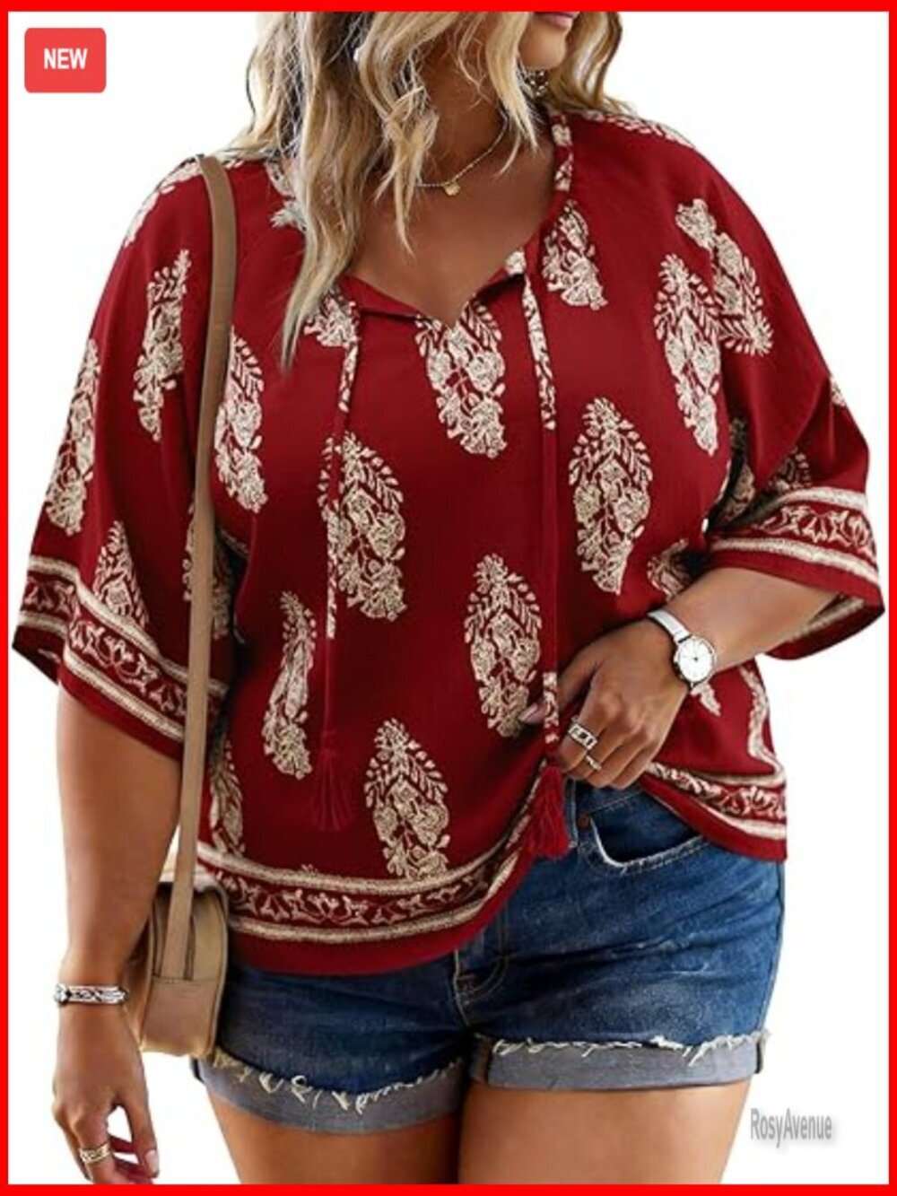 Plus Size Boho V Neck Tie Front 3/4 Bell Sleeve Tunic Blouse Top